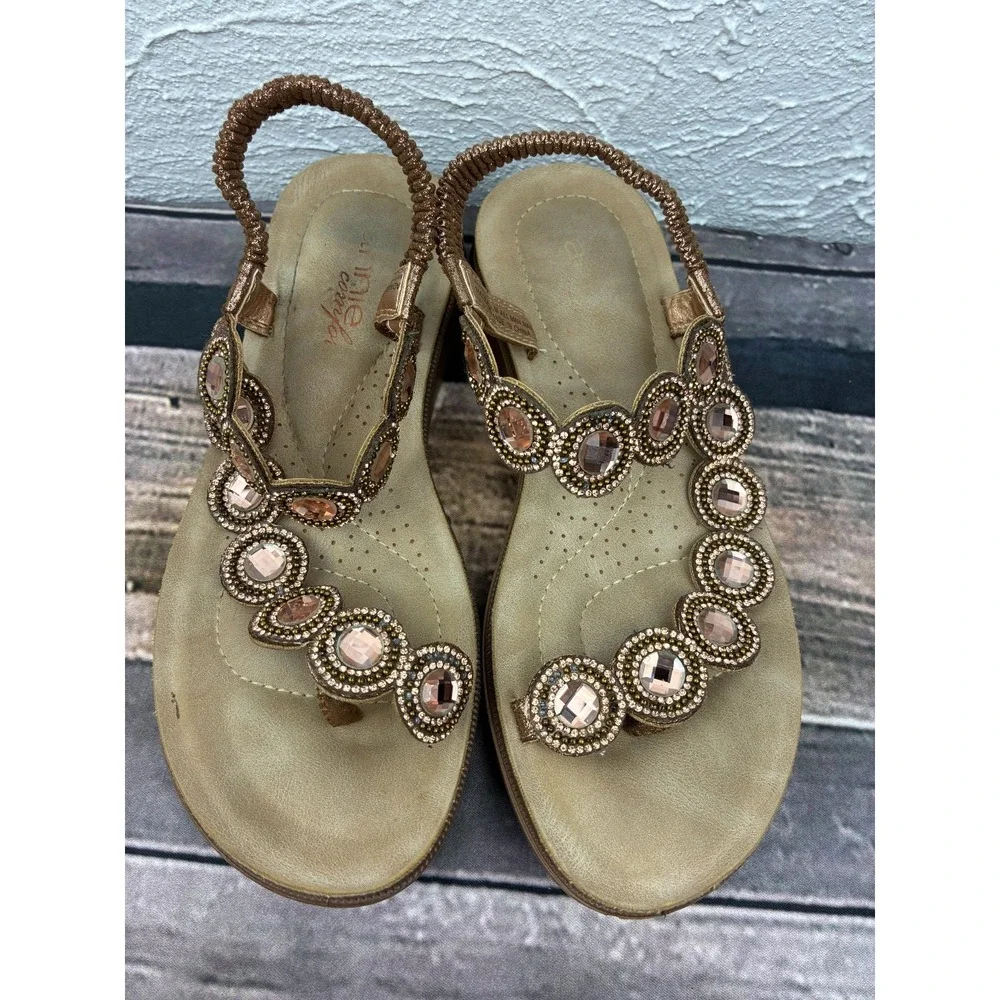 Annie Comfort Adangle Womens 5.5M Bronze Jeweled Thong Slingback Sandals Rhinest